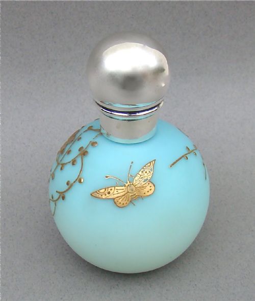 fig 1. VICTORIAN SILVER & OPALINE GLASS SCENT BOTTLE WITH GILT ENAMEL DECORATIONS BY WILLIAM HARRISON WALTER, LONDON 1885