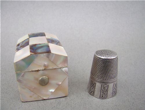 Continental Silver Thimble Fitted in Mother of Pearl & Abalone Case, Circa 1860