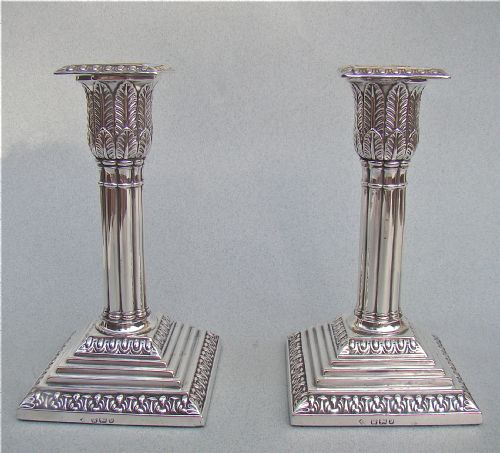 Pair of Victorian Sterling Silver Corinthian Column Candlesticks by Martin Hall, Sheffield 1897