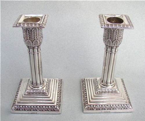 fig 1. PAIR OF VICTORIAN STERLING SILVER CORINTHIAN COLUMN CANDLESTICKS BY MARTIN HALL, SHEFFIELD 1897