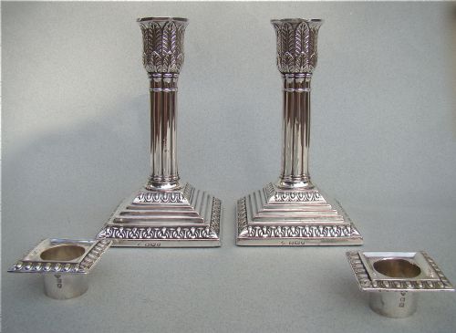 fig 2. PAIR OF VICTORIAN STERLING SILVER CORINTHIAN COLUMN CANDLESTICKS BY MARTIN HALL, SHEFFIELD 1897