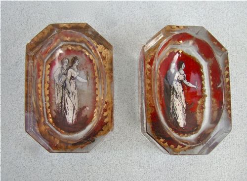 Rare Pair of Georgian Reverse Painted Glass Trencher Salts, Circa 1800