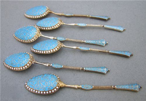 fig 1. CASED SET OF SIX SILVER GILT & CLOISONNÉ ENAMEL COFFEE SPOONS BY D. ANDERSEN, NORWAY, CIRCA 1910