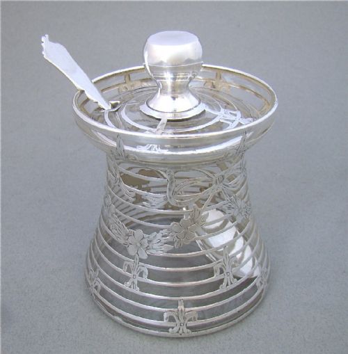 Edwardian Overlay Silver & Glass Honey Pot or Preserve Jar,  Circa 1900