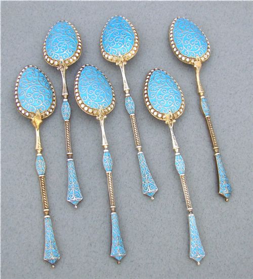 Cased Set of Six Silver Gilt & Cloisonné Enamel Coffee Spoons by D. Andersen, Norway, Circa 1910