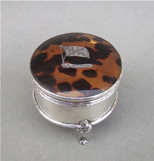 Of Naval Interest, Ss Arcadian Silver  & Tortoiseshell Trinket Box by Lionel Smith & Co, Birmingham 1927
