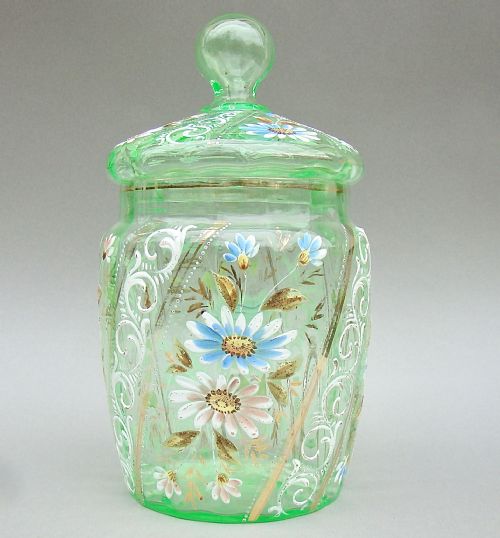 fig 1. VICTORIAN URANIUM ENAMELLED GLASS BISCUIT BARREL, CIRCA 1890