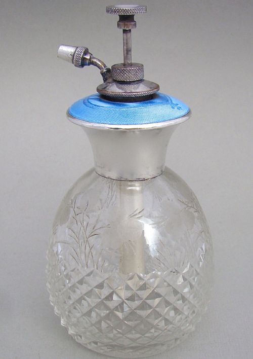 Art Deco Sterling Silver, Guilloche Enamel and Crystal Glass Atomiser, Circa 1930