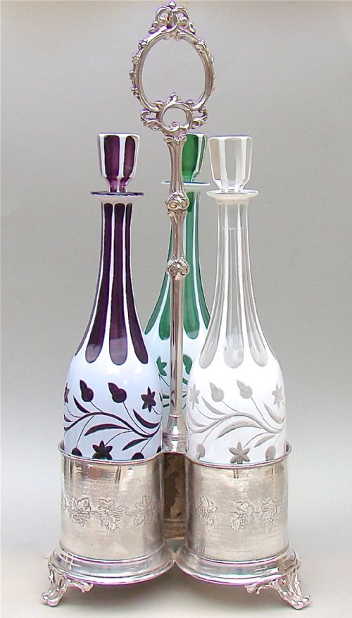 Set of Three 19th C. Bohemian Glass Decanters with Silver Plated Stand, Circa 1890