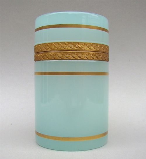 fig 1. FRENCH PALAIS ROYAL PALE GREEN OPALINE GLASS JAR, GILT ORMULU, CIRCA 1830