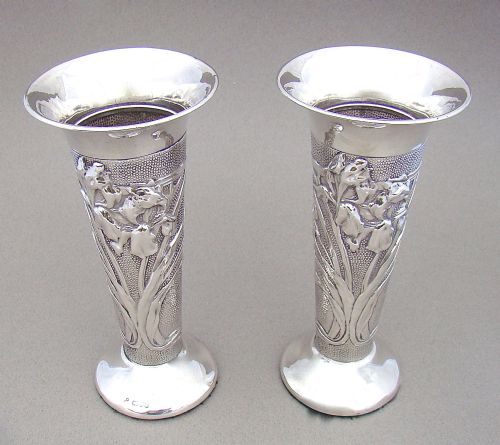 fig 1. PAIR OF ART NOUVEAU / ARTS & CRAFT SILVER VASE BY WILLIAM NEALE, CHESTER 1904