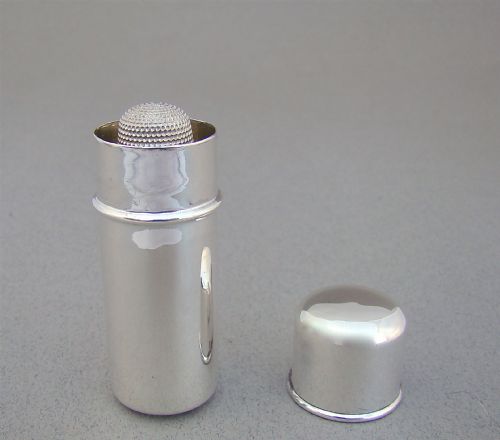 fig 1. NOVELTY EDWARDIAN SILVER NEEDLE, THIMBLE AND THREAD TRAVELLING CASE BY HORTON & ALLDAY, BIRMINGHAM 1905