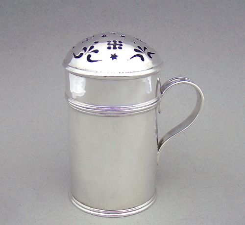 fig 1. GEORGIAN SILVER LARGE KITCHEN FLOUR DREDGER OR MUFFINEER BY SEBASTIAN CRESPELL II, LONDON 1820