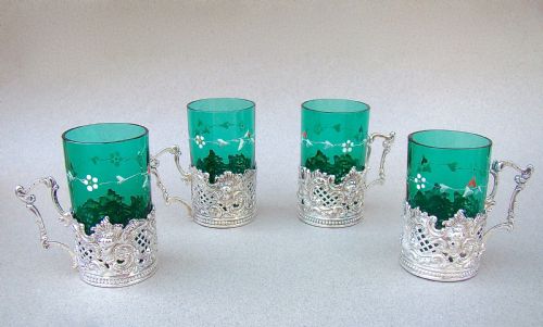 Set of Four Hanau Silver, Berthold Muller Tea Holders, Import Marks for London 1895