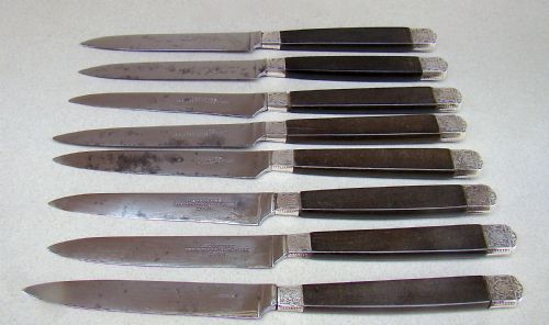 Set of Eight 19th C. French Dessert Knives with Wood Handles, Silver Ferrules and Steel Blades, Circa 1890
