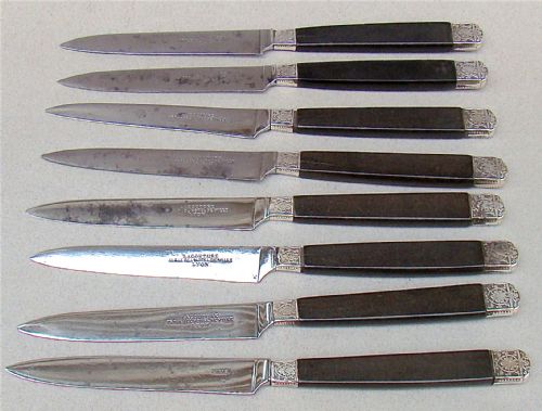 fig 1. SET OF EIGHT 19TH C. FRENCH DESSERT KNIVES WITH WOOD HANDLES, SILVER FERRULES AND STEEL BLADES, CIRCA 1890