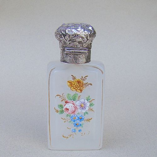 fig 1. VICTORIAN SILVER AND ENAMELLED GLASS SCENT BOTTLE, CIRCA 1870