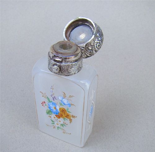 fig 2. VICTORIAN SILVER AND ENAMELLED GLASS SCENT BOTTLE, CIRCA 1870