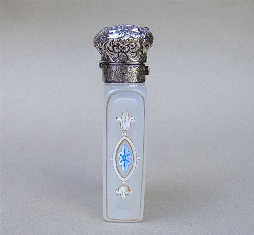 fig 3. VICTORIAN SILVER AND ENAMELLED GLASS SCENT BOTTLE, CIRCA 1870