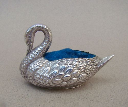 Edwardian Silver Swan Pin Cushion by Britton Gould & Co, Birmingham 1906