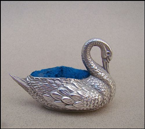 fig 1. EDWARDIAN SILVER SWAN PIN CUSHION BY BRITTON GOULD & CO, BIRMINGHAM 1906