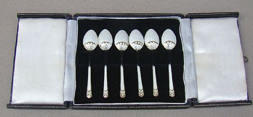 fig 1. CASED SET OF SIX SILVER GILT & GUILLOCHE ENAMEL DEMI-TASSE COFFEE SPOONS BY TURNER & SIMPSON, BIRMINGHAM 1924