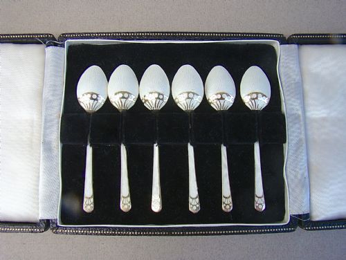 Cased Set of Six Silver Gilt & Guilloche Enamel Demi-tasse Coffee Spoons by Turner & Simpson, Birmingham 1924