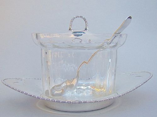 fig 1. EDWARDIAN SILVER MOUNTED PRESERVE JAR AND STAND BY JAMES DIXON & SONS, SHEFFIELD 1906