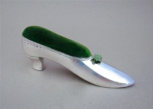 fig 1. NOVELTY SILVER PIN CUSHION IN THE FORM OF A LADIES' SHOE BY S. BLANCKENSEE & SONS, BIRMINGHAM 1911