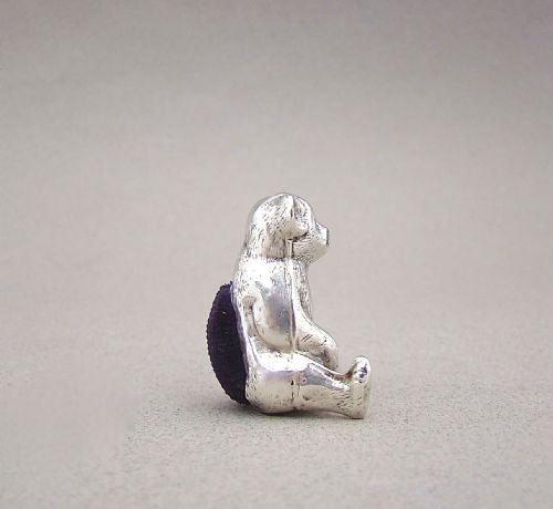 fig 1. RARE EDWARDIAN SILVER TEDDY BEAR PIN CUSHION BY THE BOOTS COMPANY, CHESTER 1909