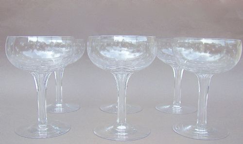 Set of Six Victorian Star-etched Hollow Stem Champagne Glasses, Circa 1880