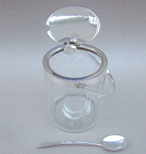 fig 1. HUKIN & HEATH AUTOMATED SILVER PLATED PRESERVE JAR WITH MATCHING SILVER PRESERVE SPOON, BIRMINGHAM 1900