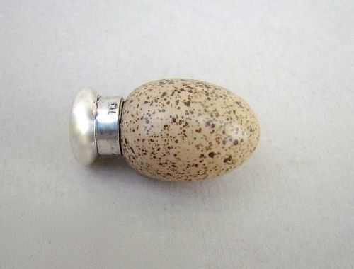 fig 1. MINIATURE SILVER & PORCELAIN SPECKLED EGG SCENT BOTTLE , CIRCA 1880