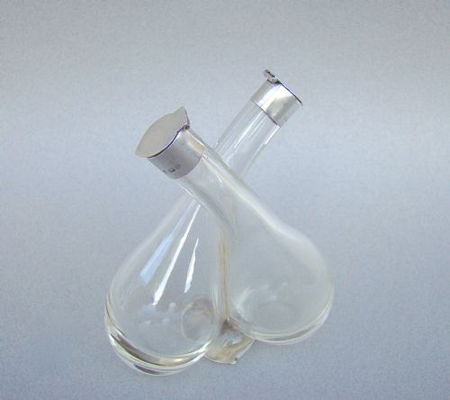 Edwardian Silver Mounted Oil & Vinegar Bottle Set by William Henry Sparrow, Birmingham 1910

