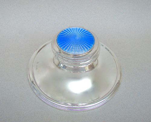 Art Deco Silver & Guilloche Enamel Capstan Inkwell by William Hutton & Sons, Birmingham 1930