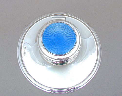 fig 1. ART DECO SILVER & GUILLOCHE ENAMEL CAPSTAN INKWELL BY WILLIAM HUTTON & SONS, BIRMINGHAM 1930