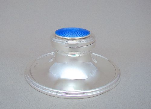 fig 2. ART DECO SILVER & GUILLOCHE ENAMEL CAPSTAN INKWELL BY WILLIAM HUTTON & SONS, BIRMINGHAM 1930