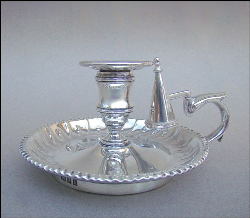 fig 1. ARTS & CRAFT SILVER CHAMBER STICK BY JONES & SONS, LONDON 1935