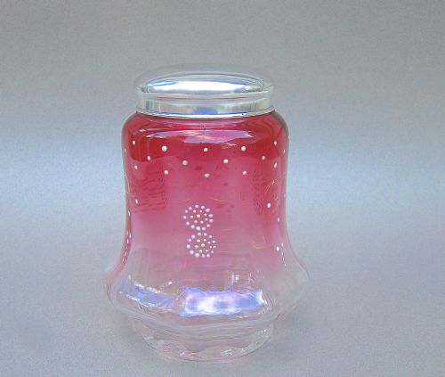 Edwardian Silver Lidded  Enamelled Cranberry Glass Dressing Table Jar, Chester 1909