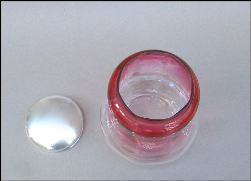 fig 2. EDWARDIAN SILVER LIDDED ENAMELLED CRANBERRY GLASS DRESSING TABLE JAR, CHESTER 1909