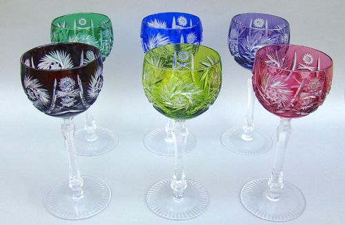 Harlequin Set of Six Large Bohemian Crystal Hock Glasses, Circa 1890