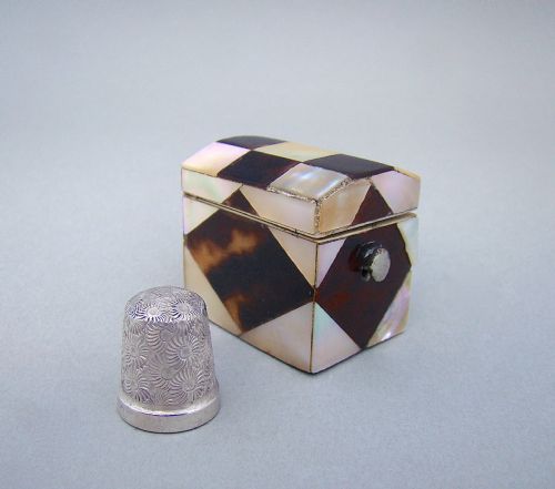 fig 1. VICTORIAN SILVER THIMBLE FITTED IN MOTHER OF PEARL & TORTOISESHELL CASE, CIRCA 1860