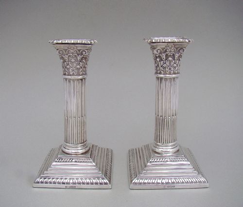 fig 1. PAIR OF GEORGE V STERLING SILVER CORINTHIAN COLUMN CANDLESTICKS BY THOMAS BRADBURY & SONS, SHEFFIELD 1915