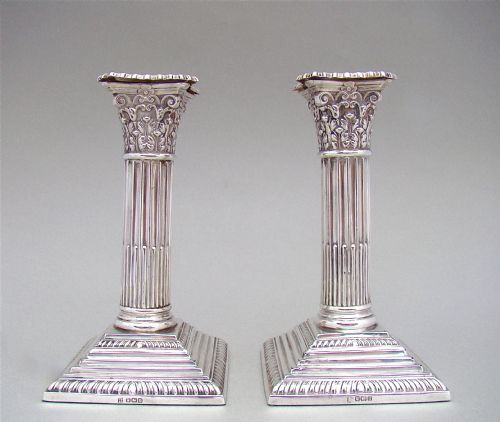 Pair of George V Sterling Silver Corinthian Column Candlesticks by Thomas Bradbury & Sons, Sheffield 1915
