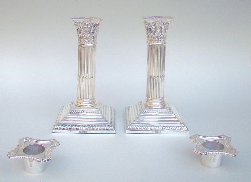 fig 3. PAIR OF GEORGE V STERLING SILVER CORINTHIAN COLUMN CANDLESTICKS BY THOMAS BRADBURY & SONS, SHEFFIELD 1915