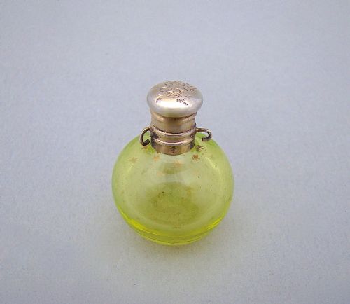 Miniature 19th C. French Silver Gilt & Uranium Glass Chatelaine Scent Bottle, Circa 1870