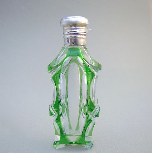 19th C. French Silver & Green Overlay Glass Scent Bottle, Circa 1890