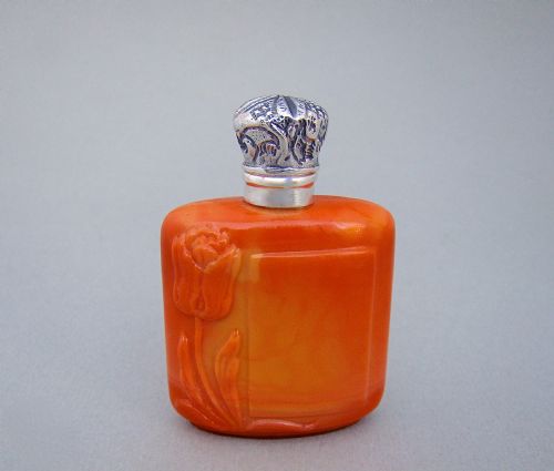 French Art Deco Silver & Pressed Glass Scent Bottle, Circa 1930
