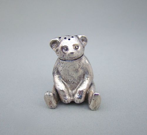 Rare Edwardian Silver Teddy Bear Novelty Pepperette by  Gourdel Vales & Co, Birmingham 1909