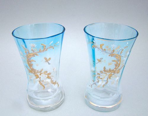 fig 1. PAIR OF VICTORIAN ENAMELLED PALE TURQUOISE GLASS VASES, CIRCA 1890